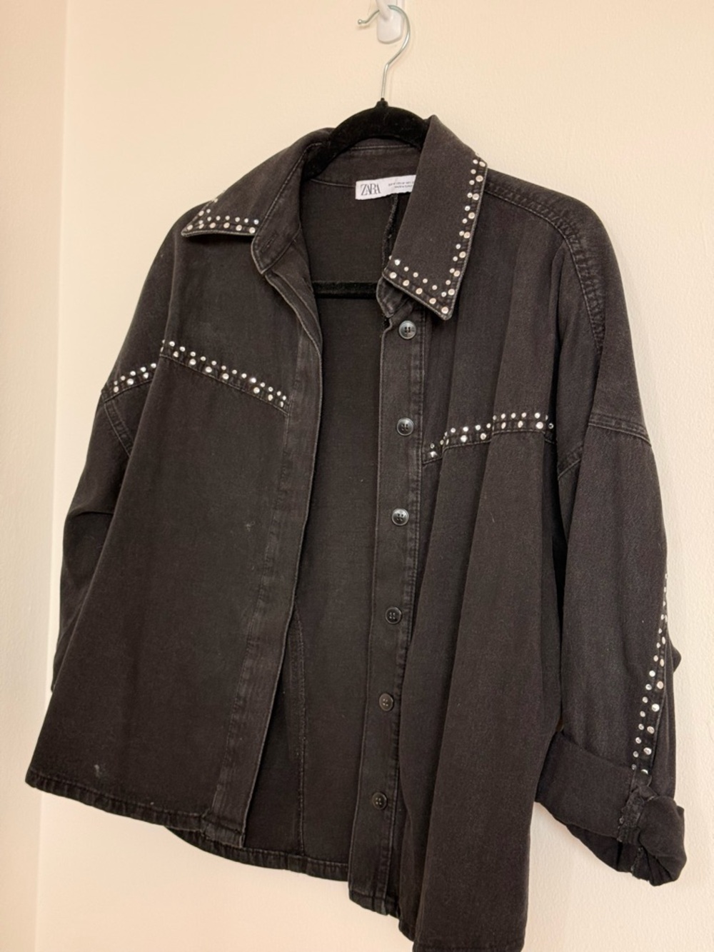 Zara Black Studded Oversized Denim Jacket